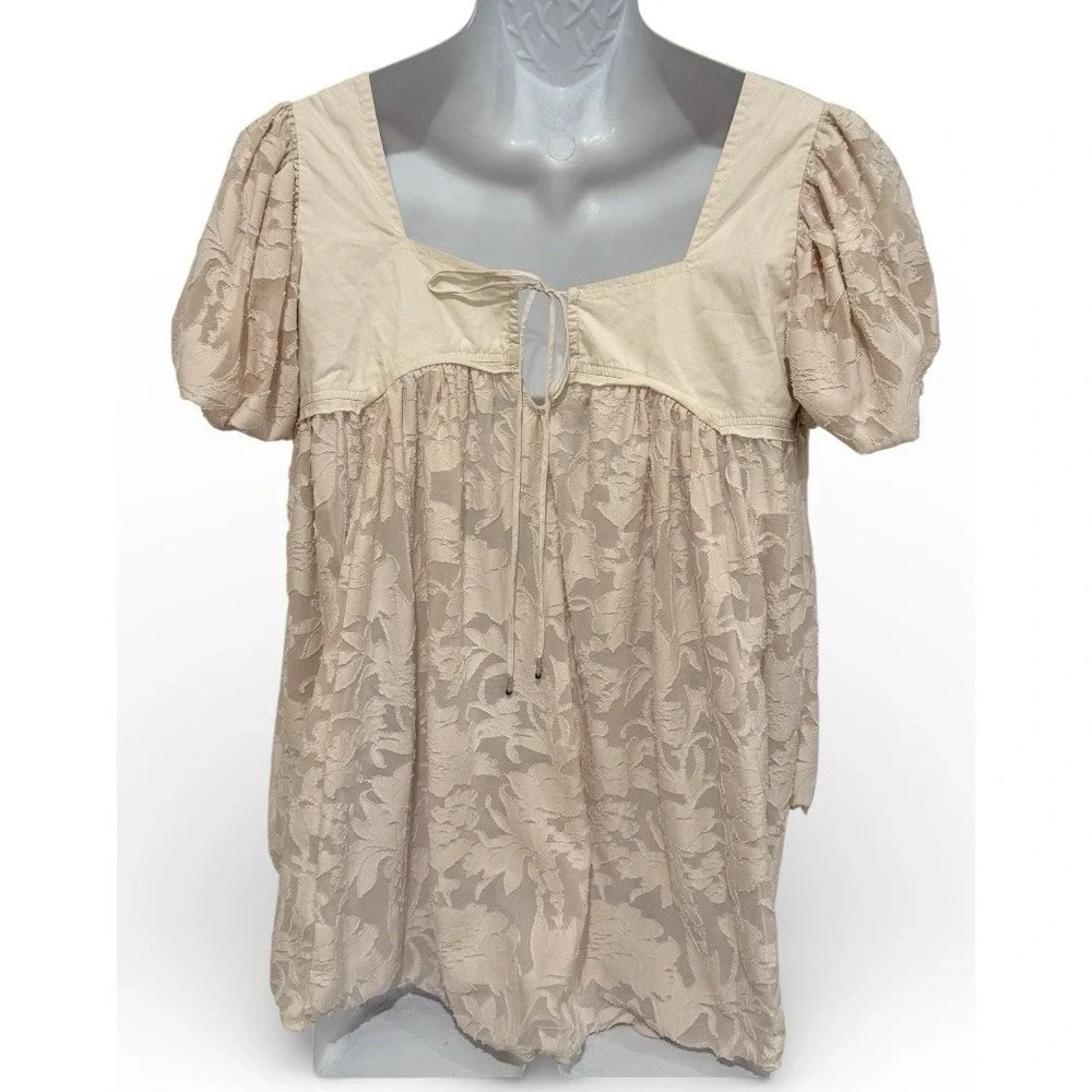 Free People Top M Blush‎ Lace Babydoll Tunic Puff Sleeve Boho Romantic Whimsy
